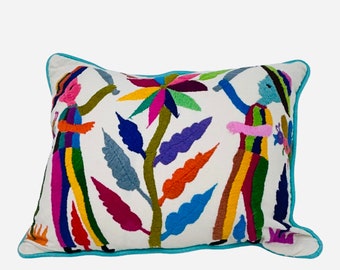 Hand embroidered Pillow, mexican embroidery, gift pillow, ready-to-ship, rainbow on white, cotton textiles, Otomi unique art fabrics, 13x17"