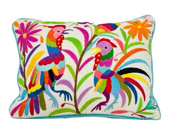 Hand embroidered Pillow, mexican embroidery, gift pillow, ready-to-ship, rainbow on white, cotton textiles, Otomi unique art fabrics, 13x17"