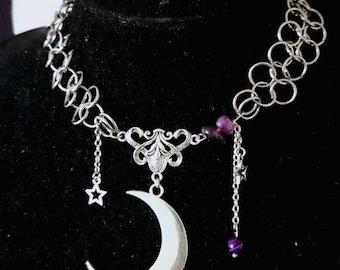 Celestial Chainmail Necklace: Amethyst Moon Pendant, Gothic Jewelry