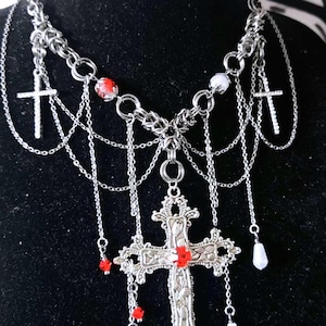 Gothic Cross Choker: Red Crystal Vampire Necklace, Stainless Steel Chainmaille