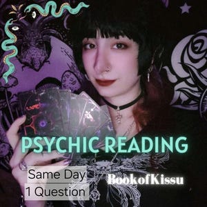 May include: A person holding a deck of tarot cards, with the text "PSYCHIC READING" in a teal font. The text "Same Day" and "1 Question" are also visible. The background features a purple and black design with a snake.
