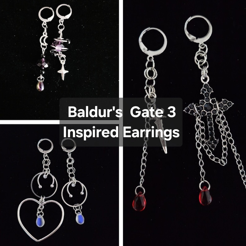 Pendientes inspirados en Baldurs Gate 3 / Joyería hecha a mano / Collares de cristal / Shadowheart, Astarion, Minthara / Amatista, Obsidiana, Granate imagen 1