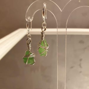 Handmade Baltic Sea Green Sea glass Earrings – Copper Wire Wrap & Sterling Silver Hooks – Free Shipping