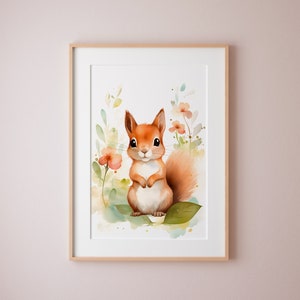 Baby Squirrel Watercolor Print, Woodland Nursery Wall Art Prints, Baby Forest Animal Decor, Printable Digital Download