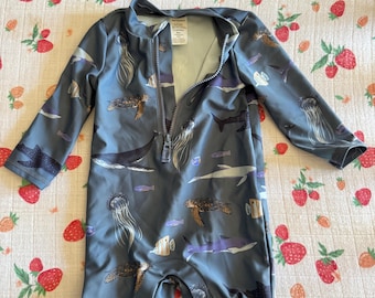 blue ocean baby swimsuit. long sleeve rashguard. size 6 months. little planet by carters. recycled material. sustainable. preloved.