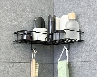 Metal bathroom corner shower shelf with hooks  Shower tools organizer No Drilling Toiletries Storage Rack