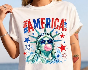 Camiseta cómoda con estampado de la Estatua de la Libertad y chicle, camiseta retro americana, camiseta del 4 de julio, camiseta con la bandera americana, atuendo para el 4 de julio.