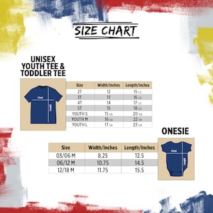 Puede incluir: Tabla de tallas para camisetas unisex para j&oacute;venes y ni&ntilde;os peque&ntilde;os y monos. La tabla muestra las tallas desde 2T hasta Youth L y desde 03/06 M hasta 12/18 M, con las medidas de ancho y largo correspondientes en pulgadas.