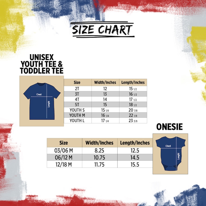 Puede incluir: Tabla de tallas para camisetas unisex para j&oacute;venes y ni&ntilde;os peque&ntilde;os y monos. La tabla muestra las tallas desde 2T hasta Youth L y desde 03/06 M hasta 12/18 M, con las medidas de ancho y largo correspondientes en pulgadas.