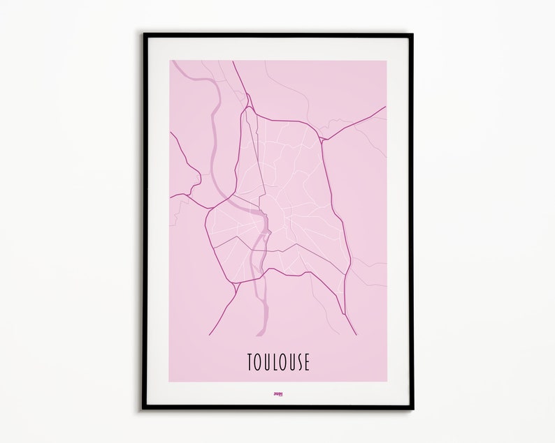 Może przedstawiać: R&oacute;żowa mapa Tuluzy we Francji, z fioletowymi liniami pokazującymi ulice i drogi. Nazwa miasta jest wydrukowana na fioletowo na dole mapy. Mapa jest oprawiona w czarną ramę.