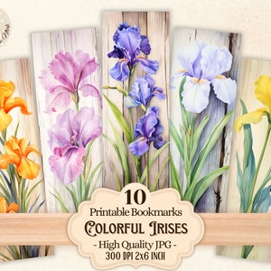 Marcadores para impressão de íris coloridas para amantes de livros, marcador floral, flor de íris, download digital para imprimir e cortar, sublimação, álbum de recortes