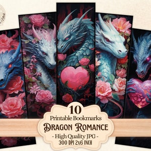 Zakładki do książek Dragon Romance do wydrukowania dla miłośników książek, kwiatowa romantyczna fantazja, cyfrowe pobieranie do wydrukowania i wycięcia, sublimacja, scrapbooking