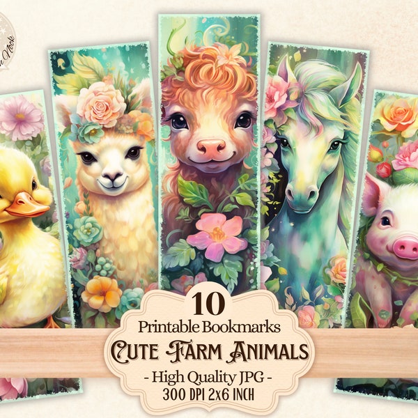 Cute Farm Animals Printable Bookmarks for Book Lovers, Happy Animals with Flowers, Digital Download to print and cut, Sublimation, PDF PNG