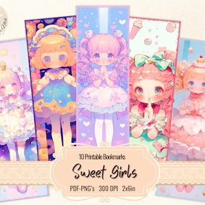 Cupcake Princess Printable Bookmarks for Book Lovers, Cute Girl Manga Designs, Digital Download to print and cut, Sublimation, PDF PNG