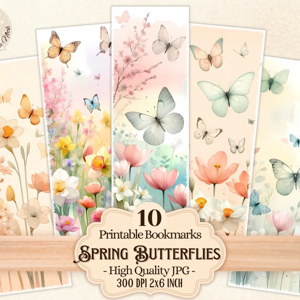 Spring Butterflies Printable Bookmarks for Book Lovers, Spring Flowering Designs, Digital Download to print and cut, Sublimation, PDF PNG