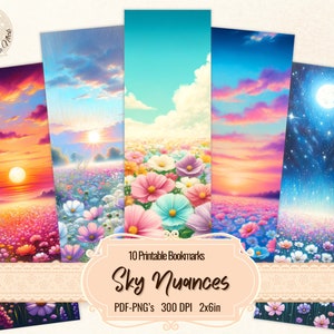 Marcadores para impressão de nuances do céu para amantes de livros, paisagens floridas, pôr do sol crepuscular e céus noturnos, download digital para imprimir e cortar