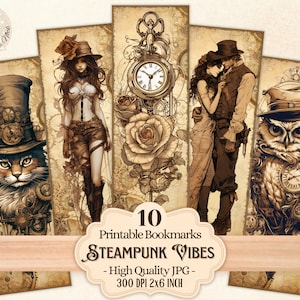 Steampunk Vibes Printable Bookmarks for Book Lovers, Grunge Steampunk Designs, Digital Download to print and cut, Sublimation, Scrapbook