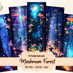 Segnalibri stampabili della foresta di funghi per gli amanti dei libri, disegni di funghi stravaganti, fantasia fiabesca, download digitale da stampare e tagliare