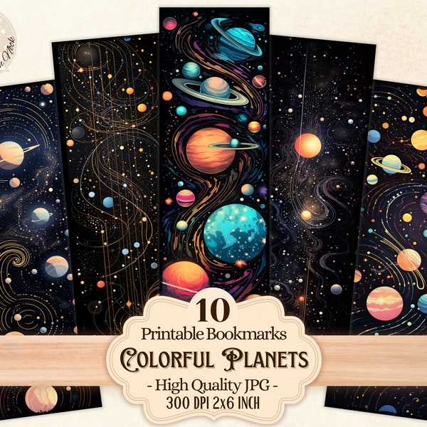 Colorful Planets Printable Bookmarks for Book Lovers, Space Designs, Solar System, Digital Download to print and cut, Sublimation, Scrapbook