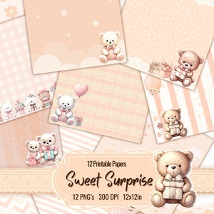 Papier numérique pêche bébé fille avec ours en peluche pour album de scrapbooking et journal indésirable, invitation baby shower, téléchargement numérique, impression et découpe