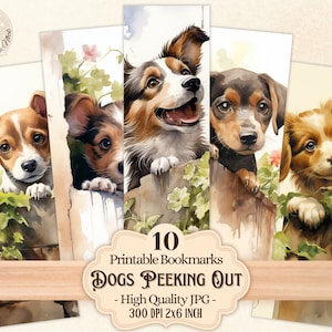 Honden gluren uit Afdrukbare bladwijzers voor boekenliefhebbers, schattige spelende honden, digitale download om af te drukken en te knippen, sublimatie, scrapbooking
