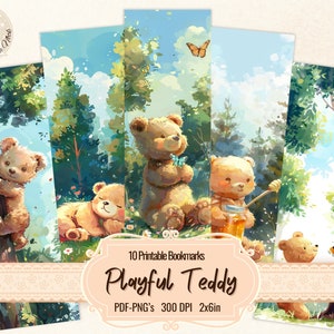 Playfull Teddy Printable Bookmarks for Book Lovers, Cute Teddy for kid reading, Digital Download to print and cut, Sublimation, Scrapbooking