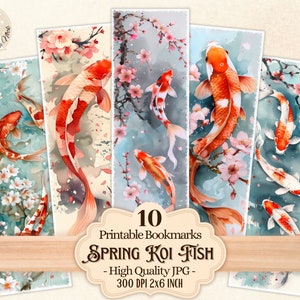 Puede incluir: Juego de diez marcapáginas imprimibles con ilustraciones de acuarela de peces koi y flores de cerezo. Los marcapáginas son rectangulares y miden 5 x 15 cm. El texto "Spring Koi Fish" se muestra en la imagen.