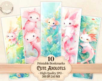 Cute Axolotls Printable Bookmarks for Book Lovers, Adorable Sea Animals Designs, Digital Download to print and cut, Sublimation, PDF PNG