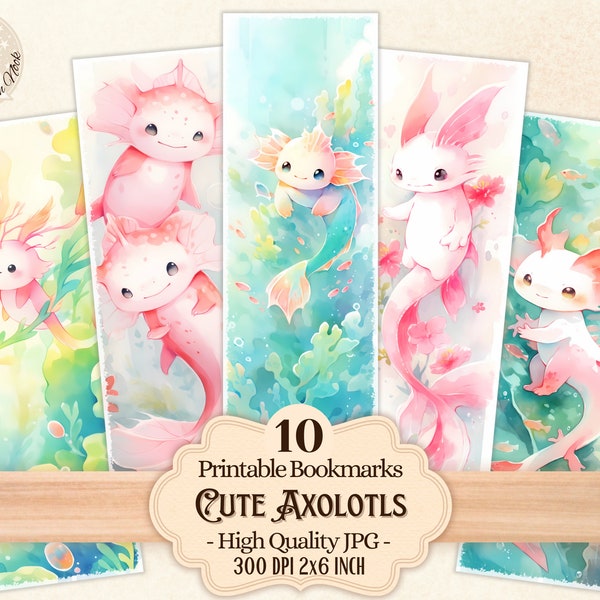 Cute Axolotls Printable Bookmarks for Book Lovers, Adorable Sea Animals Designs, Digital Download to print and cut, Sublimation, PDF PNG