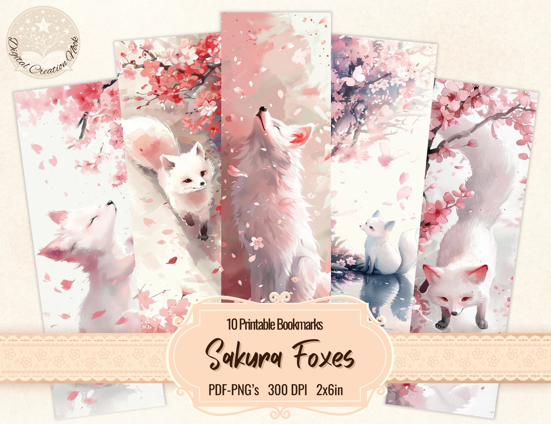 White Fox Printable Bookmarks for Book Lovers, Spring Cherry Flowers ...