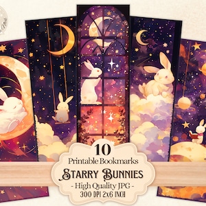 Starry Bunnies druckbare Lesezeichen für Buchliebhaber, niedliches Kaninchen Fantasy Design, digitaler Download zum Drucken und Schneiden, Sublimation, Scrapbooking
