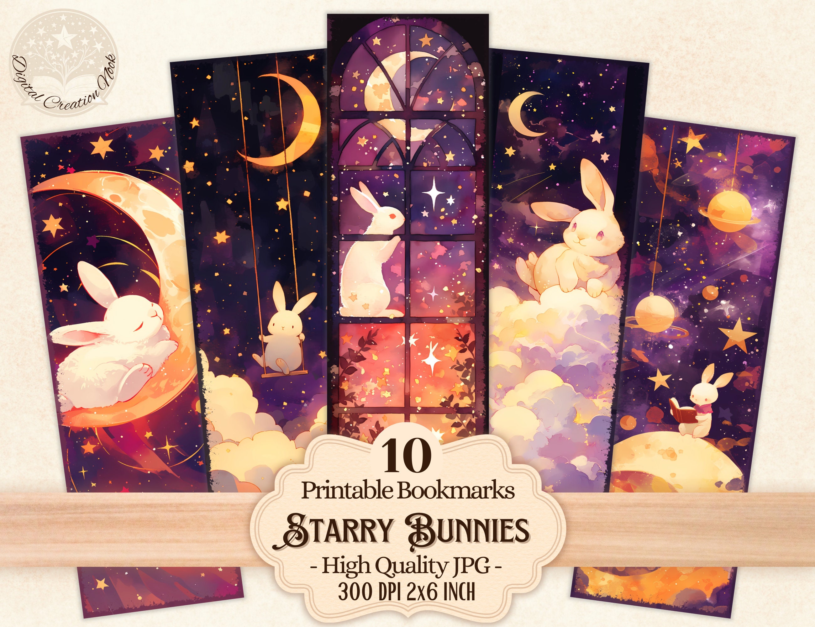 Starry Bunnies Printable Bookmarks for Book Lover, Cute Rabbit Fantasy ...