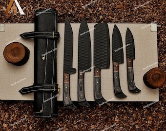 Damascus Steel Chef Knife Set, High Carbon Kitchen Knives with Leather Sheath