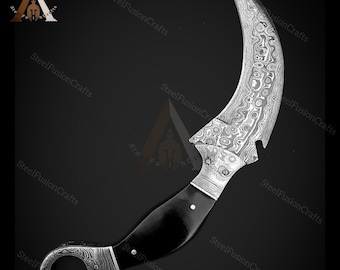 Cuchillo Karambit de acero de Damasco hecho a mano con funda de cuero