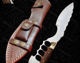 Handmade Damascus Steel Knife with Deer Horn Wood Handle | Leather Sheath
