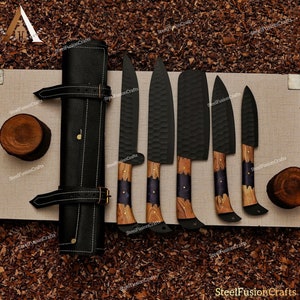 Chef knife set with a handcrafted leather sheath, Damascus chef knife, Kitchen knives, Unique christmas gift for him