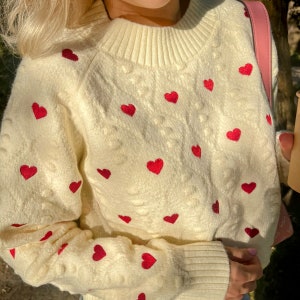 Loose Knit Heart Sweater Pink Heart Embroidery Sweater Vintage Cozy Love Heart Pullover Casual Heart Chic Sweater