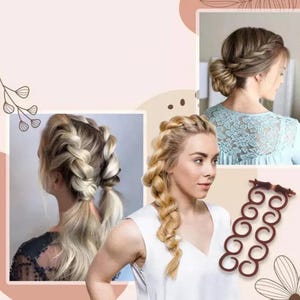 Könnte beinhalten: Bild mit verschiedenen geflochtenen Frisuren, darunter ein Seitenzopf, ein Dutt und doppelte Zöpfe. Ein braunes Haarstyling-Werkzeug ist ebenfalls zu sehen. Das Bild hat ein weiches Pastellfarbschema mit Fokus auf blondem Haar.