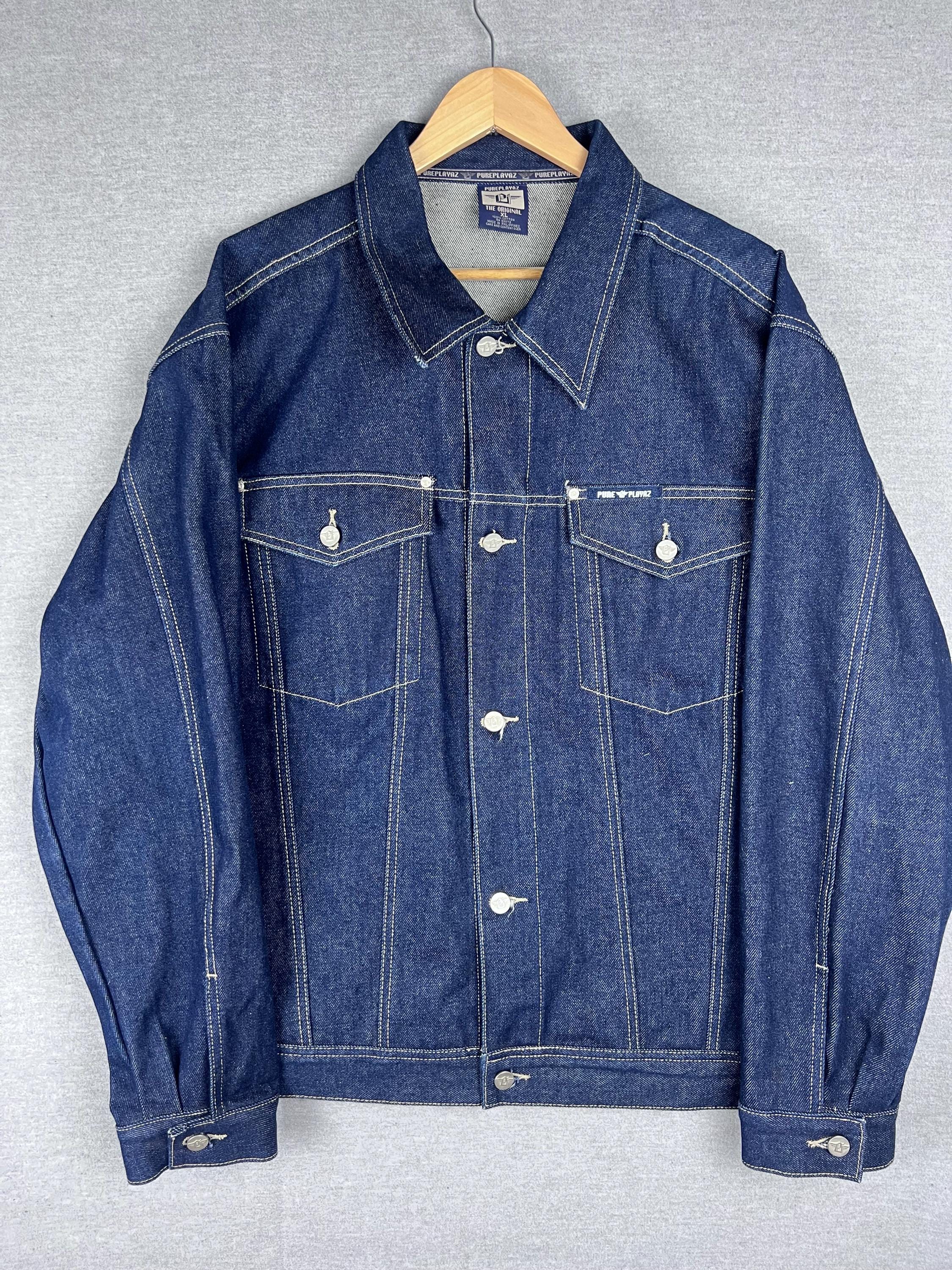 Pure Playaz Denim Jacket Mens Size XL Jean Jacket Pockets Y2K Dark