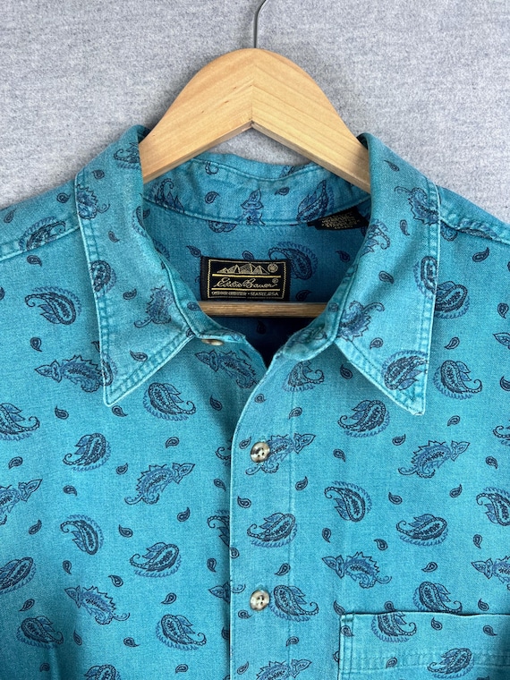 Vintage Eddie Bauer Shirt Mens L Blue Paisley Print Short Sleeve Button Up  - Etsy