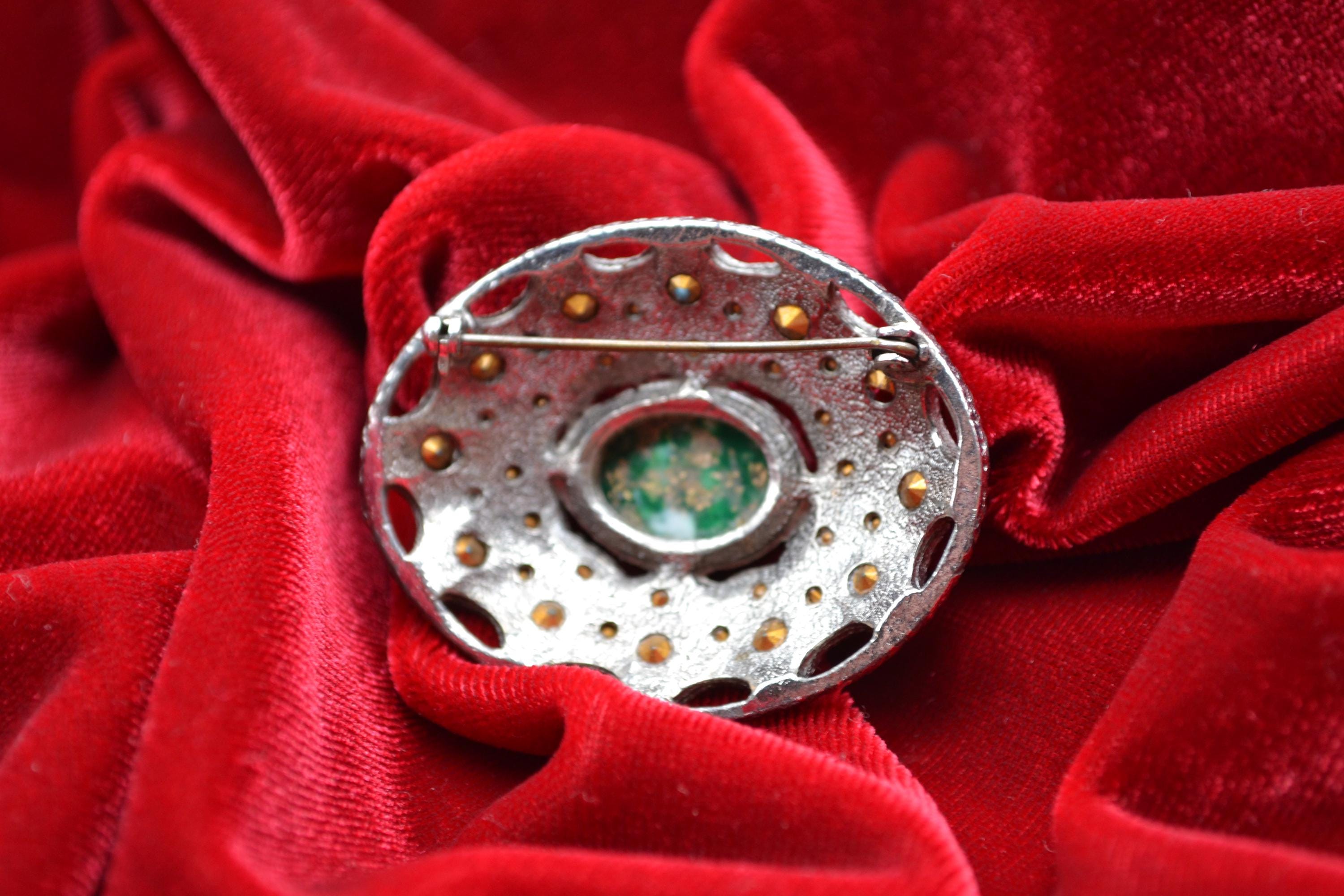 Broche Vintage En Pierre Naturelle émaillée - Bijou Ancien élégant - Occasion