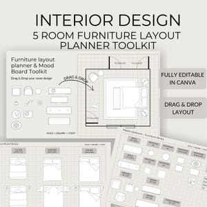 Plantilla de planificador de habitaciones Canva, diseño de muebles de arrastrar y soltar, creador de planos de planta a escala, diseño de planta, diseño de muebles, dormitorio, sala de estar