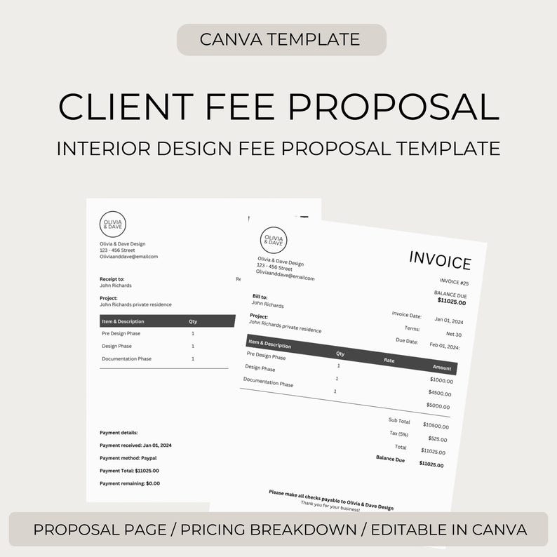 Interior Design Fee Proposal Template: Client Invoice (canva Editable ...