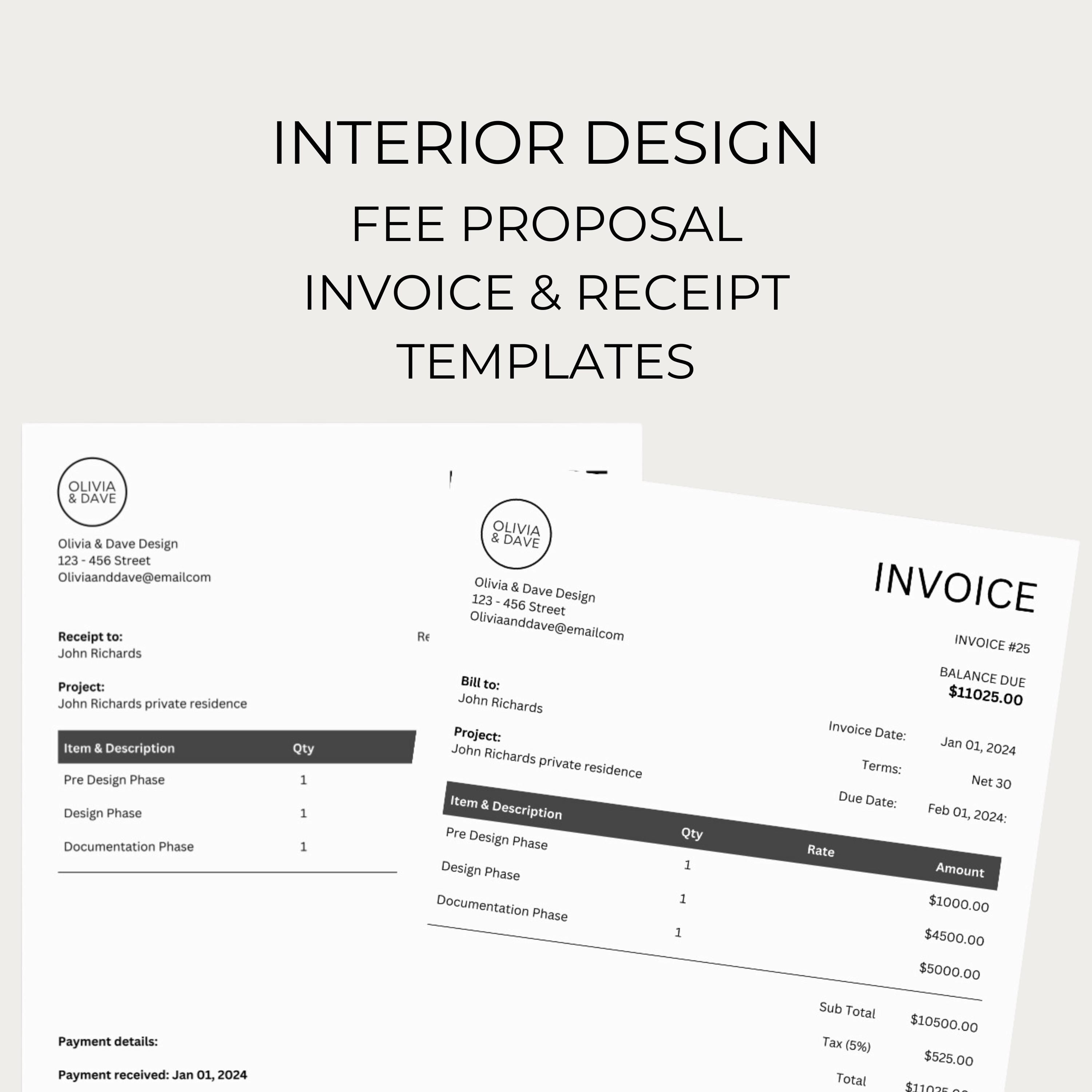 Interior Design Fee Proposal Template: Client Invoice (canva Editable ...