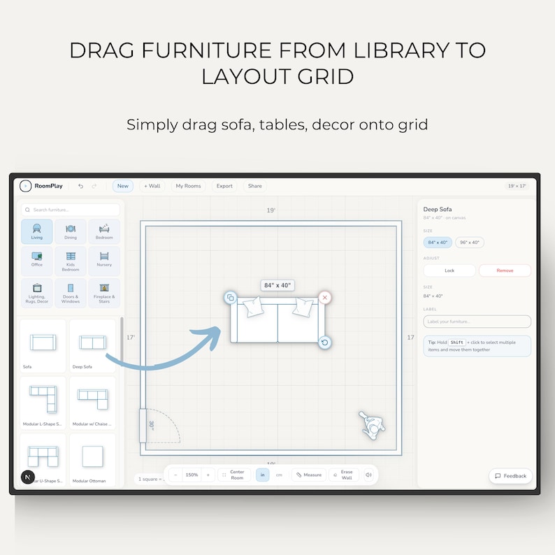 Interactive drag and drop room planner tool | furniture layout | web-based floor plan tool | room layout planner | interior design planner image 2