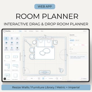 Herramienta interactiva de planificación de habitaciones con función de arrastrar y soltar, diseño de muebles, herramienta de planos de planta basada en la web, planificador de diseño de habitaciones y planificador de diseño de interiores.