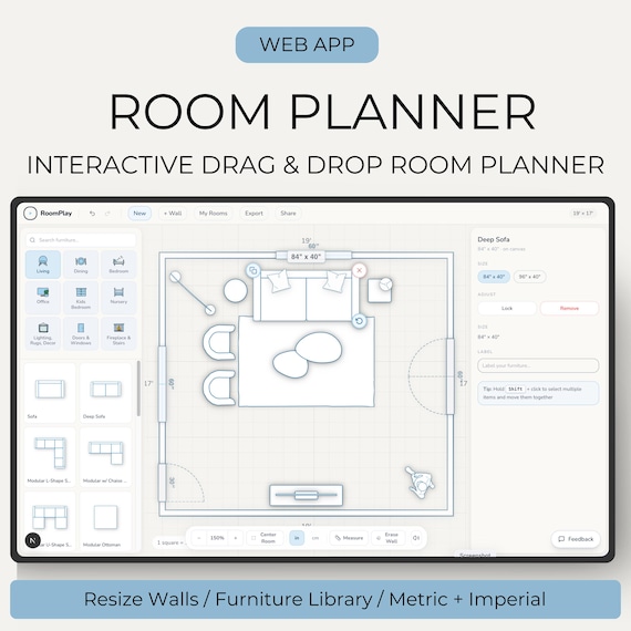 Interactive drag and drop room planner tool  | furniture layout | web-based floor plan tool | room layout planner | interior design planner