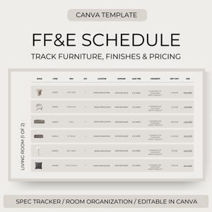 Interior Design FF&E Schedule Template, furniture, fixtures, lighting, equipment schedule, spec sheet, canva template