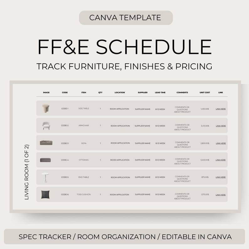 Interior Design FF&E Schedule Template, Furniture, Fixtures, Lighting ...