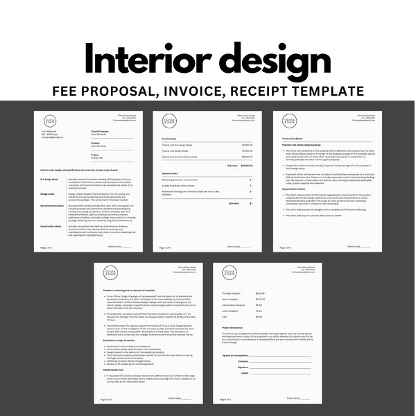 Modèle de proposition d'honoraires de design d'intérieur pour nouveau client de 5 pages, modèle de facture, entièrement modifiable sur canva, proposition d'honoraires de projet de design d'intérieur